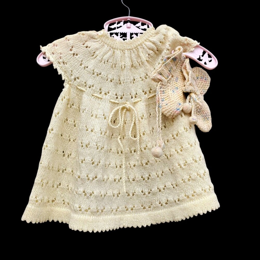Vintage Hand Knit Baby Dress & Booties Set Off White Crochet Edges Pom Poms